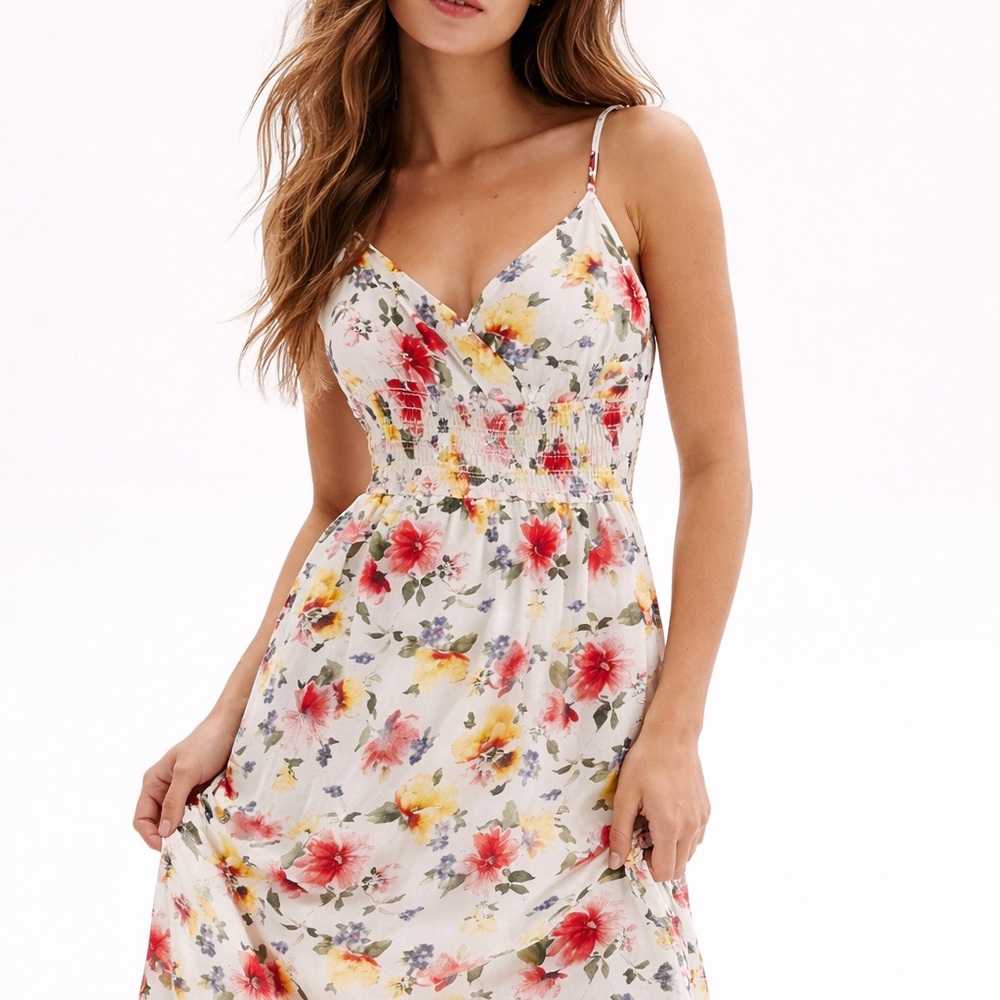 TRIXXI Floral Midi Dress floral Smocked Waist Sundress Summer garden party sz S